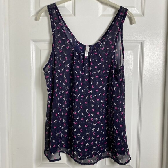 Daisies Pink White Ribbon Bow Printed Sheer Swing Navy Tank Size Medium - Picture 5 of 10